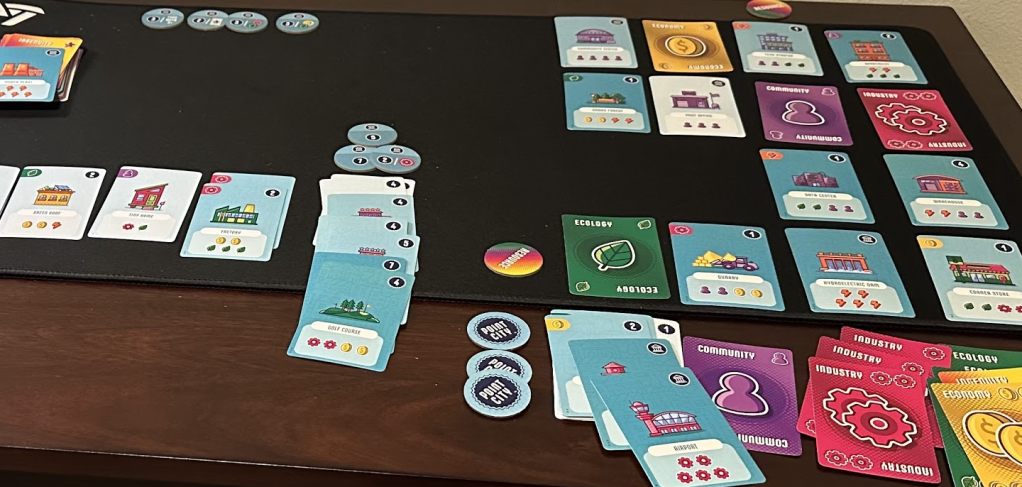 Wide shot of Point Salad's card display and player tableaus in solo mode