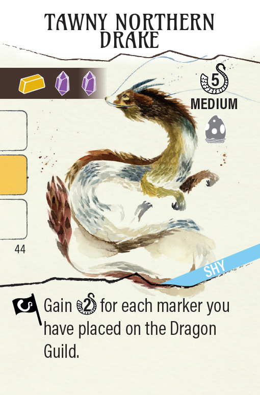 Wyrmspan card Tawny Northern Drake includes painting of the dragon, graphic design elements for gameplay, and the text, "Gain [2 victory points] for each marker you have placed on the Dragon Guild."